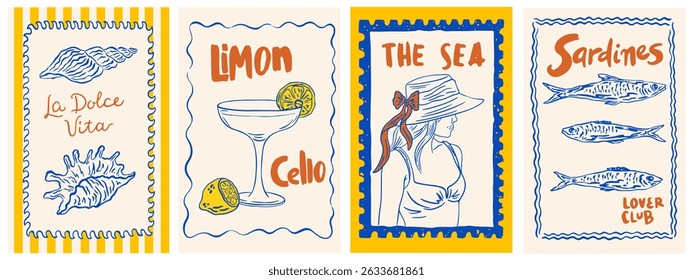 Hand draw la dolce vita vintage posters with lemon. Italian amalfi sicily style vacation vector illustrations in ink line doodle sketch style. Chalk charcoal style drawing for poster, placard or print