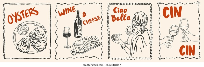 Hand draw La Dolce vita lifestyle illustrations. Picnic in french or italian style with wine, charcuterie, cheese, oyster. Chalk charcoal style drawing for poster, placard or print