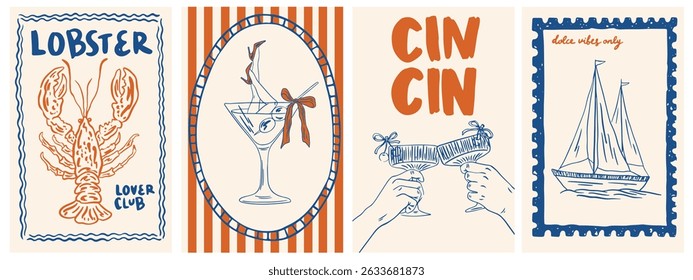 Hand draw la dolce vita vintage posters. Summer Italy. Amalfi. Vacation vector illustrations in ink line doodle sketch style postage stamps with image. Chalk style drawing for placard, poster, print