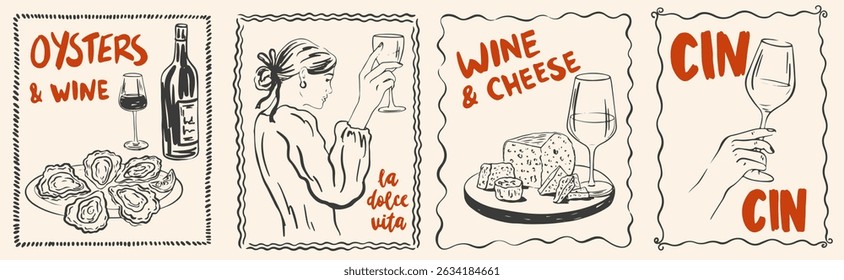 Hand draw La Dolce vita lifestyle illustrations. Picnic in french or italian style with wine, cheese, oyster, woman. Chalk charcoal style drawing for poster, placard or print