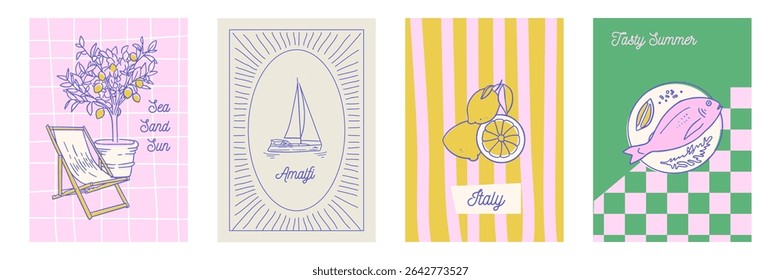 Jogo de cartas de la dolce vita. Comida mediterrânea, limão, iate, espreguiçadeira. Arte em linha minimalista para convites, papelaria, printables, mídias sociais. Ilustração desenhada à mão vetorial
