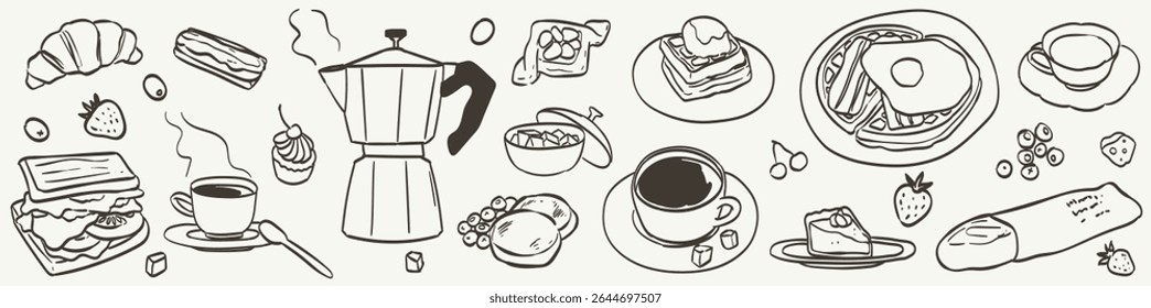 Desenhe à mão o café da manhã ou rabiscos de brunch da la dolce vita. Ilustração vetorial de ícones de alimentos e café em estilo de desenho à tinta. Ilustração para convites, design de menus, cartaz de cartaz.