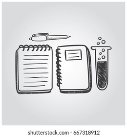 Hand draw lab chemistry with notebooks and pen for science. Vector illustration.