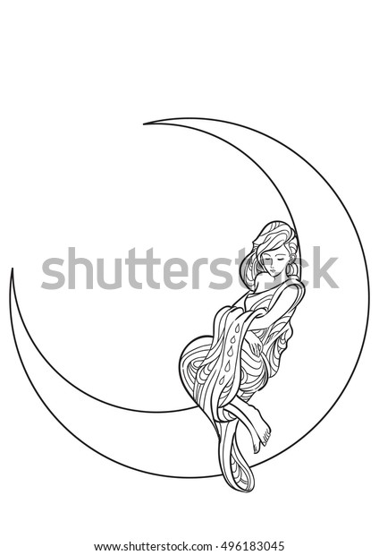 Hand Draw Lady Sitting On Crescent Stock Vector Royalty Free