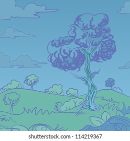 hand draw of landscape with cloudy sky and single tree