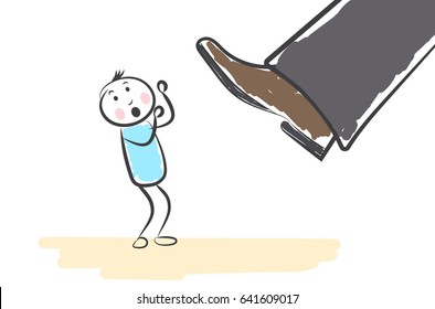 hand draw a large boot crushes man. Doodle miniature scenes. Hand drawn vector illustration for web design and infographic.