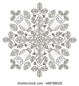 Hand draw leaves with birds, circle background. Black and white. Coloring page