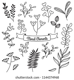 Hand draw leaves & floral doodle collection, Flat style vector illustration.