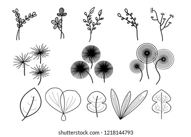 Hand draw leaves & floral doodle collection, Flat style vector illustration.Flowers and leaves in various shapes.Dandelion Beautiful for use.Bouquet of flowers together for the day for you.