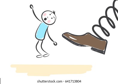 hand draw leg kicks man and he fliess. Doodle miniature scenes. Hand drawn vector illustration for web design and infographic.   