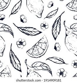 Hand draw lemon seamless pattern background wallpaper. Cute seamless pattern with lemons. Vector seamless pattern with lemon, leaves and flower. Citrus line seamless background.