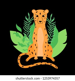 Hand draw leopard with tropical leaves on black background. Vector illustration.