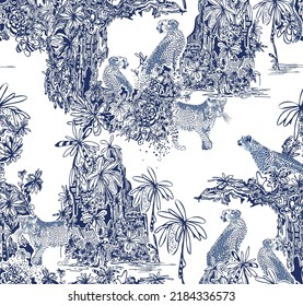 Hand Draw Leopard With Tropical Palm Jungle illustration Vector Seamless Pattern On White Background, Animal Tiger Wildlife Outline Wallpaper 