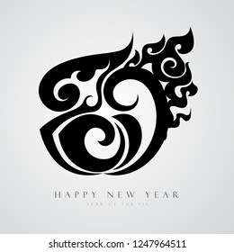 Hand Draw Lettering design of 2019 is a Zodiac sign with black Pig. Happy Chinese New Year. Year of The Pig. Vector illustration.