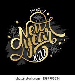 Hand draw lettering design happy new year 2020. Vector illustration.