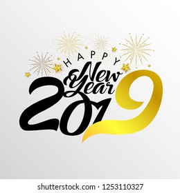 Hand draw lettering Happy New Year 2019. Vector Illustration.