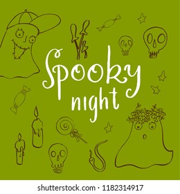 hand draw lettering  helloween phrases on a green background