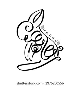 hand draw lettering rabbit and Happy Easter Day. Vector illustration.