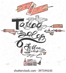 Hand draw lettering  text for Tattoo Salon .Vector calligraphy on white background with color icons.Tattoo Salon design.Part 2.