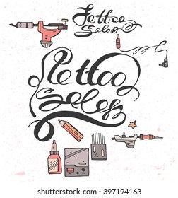 Hand draw lettering  text for Tattoo Salon .Vector calligraphy on white background with color icons.Tattoo Salon design.Part 1.