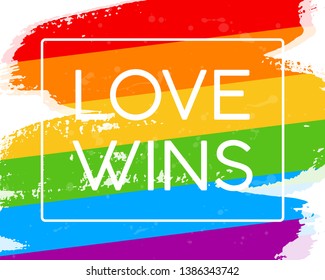 Hand draw LGBT pride flag in vector format. Rainbow flag with word LOVE WINS for poster. LGBTQ love symbol background. Concept design.