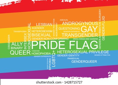 Hand draw LGBT pride flag in vector format. Rainbow flag with cloud of world acronyms and terms for poster. LGBTQ love symbol background. Concept design 