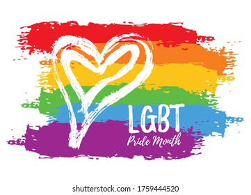 Hand draw LGBT pride with rainbow in vector format. Grunge flag with word LGBT Pride Month and heart. LGBTQ love symbol background. Concept design