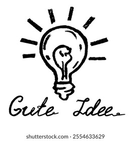 Hand draw light bulb with hand writing in German “ good idea”. Vector, isolated with texture. Doodle, ink, stylish.