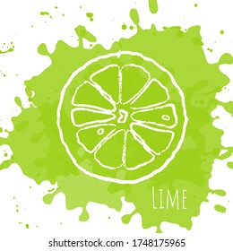 Hand ziehen Limette auf grüne, trendige Zitrusfrüchte Flecken. Logo süße Sommernahrung. Gesunde tropische Säfte Einzeln druckbare Symbolform. Vektorgrafik