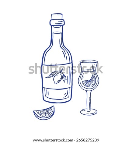 Hand draw limoncello liqueur vector illustration. Italian citrus drink with lemon on white background.