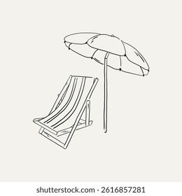 Hand draw line art beach chair and umbrella.