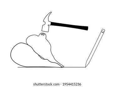 Hand draw line art broken heart . Hit with a hammer.Isolate  on white background. Copy space for your text. Sadness,feeling sorry,painful.pen