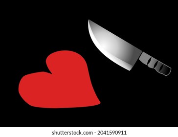Hand draw line art broken heart was cut separate by Knife. Isolate  on black background. Copy space for your text. Vector illustration.
