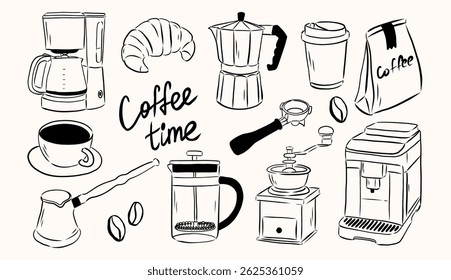 Hand draw line art coffee elements illustration.