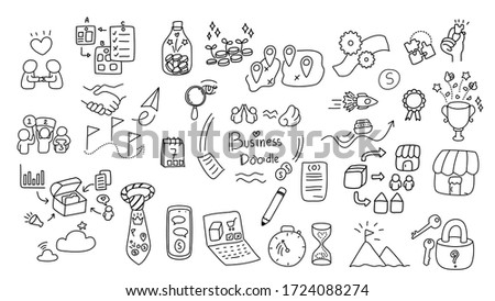 hand draw line art icon set. Business, financial, data collection, strategy and marketing theme doodle sketch.