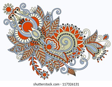 Hand draw line art ornate flower design. Ukrainian traditional style