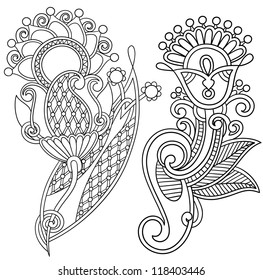 Hand draw line art ornate flower design. Ukrainian traditional style