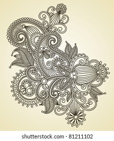 Hand draw line art ornate flower design. Ukrainian traditional style.