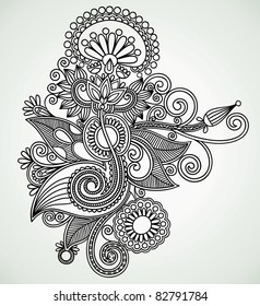 Hand draw line art ornate flower design. Ukrainian traditional style.