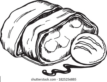 hand draw line art sketch, vector black and white illustration, strudel french cuisine, ise cream