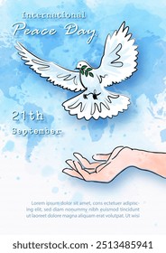 Hand draw line art with watercolors style in a peace dove shape and hand of human, wording of event on world map and blue background. Poster's concept of Peace day campaign in vector design.