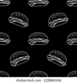 Hand draw line burger on blackboard .Doodle hamburger seamless pattern background.Fast food seamless vector pattern.
