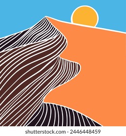Hand draw line the sun behind the sand mountains lanscape panorama. Organic line art contemporary backgrounds. desert mountain and sun vector illustration