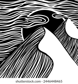 Hand draw line the sun behind the sand mountains lanscape panorama. Organic line art contemporary backgrounds. desert mountain and sun vector illustration