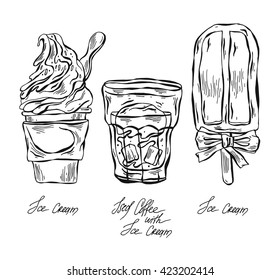 Hand draw line vector  sketch graphic styled iced coffee with ice cream set illustration.Sweet desert menu.Coffee,latte,cappuccino,chocolate,coffee mocha,iced mocha,americano,mocha latte,ice cream cup