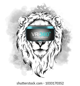 Hand draw lion portrait. Animal in virtual reality glasses . Hand draw vector illustration