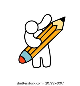 Hand draw little man with pencil vector cartoon illustration isolated white. Character business icon drawing concept. People sketch standing liner vignetting caricature metaphor. Education design