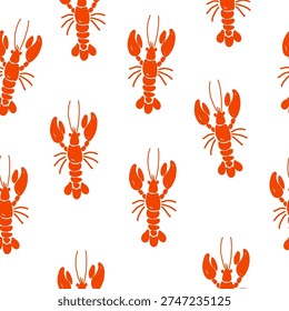 Hand draw lobster seamless pattern in vector format. Bright red lobsters on light backgroun