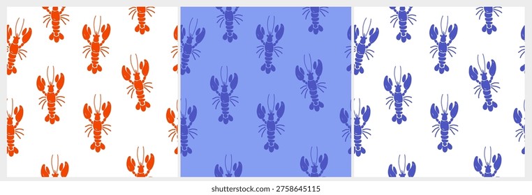 Hand draw lobster seamless pattern in vector format. Marine crustacean motif in bold red and blue colors.