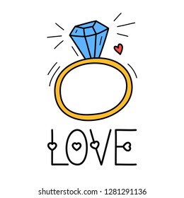 Hand draw love diamond ring icon in doodle style for your design with lettering.